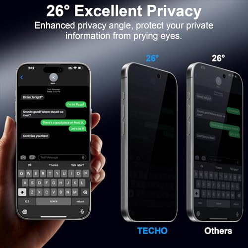 TECHO Privacy Screen Protector for iPhone 16 Plus/iPhone 15 Plus Tempered Glass Film, Full Coverage Edge to Edge, Anti Spy Private, 9H Hardness, 2 Pack, 6.7 Inch