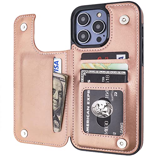 ONETOP for iPhone 14 Pro Max Wallet Case with Credit Card Holder,Rosegold | Kickstand,ID/Cash Holder,Case Wallet with Card Slots,Double Magnetic Clasp,Durable PU Leather Shockproof Cover for Women Men - color: Rose Gold