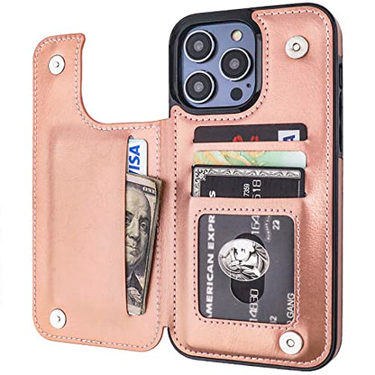 ONETOP for iPhone 14 Pro Max Wallet Case with Credit Card Holder,Rosegold | Kickstand,ID/Cash Holder,Case Wallet with Card Slots,Double Magnetic Clasp,Durable PU Leather Shockproof Cover for Women Men - color: Rose Gold