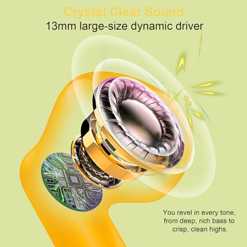 Wireless Earbuds, Bluetooth 5.4 Earbuds Stereo Bass, Bluetooth Headphones in Ear Noise Cancelling Mic, Earphones IP7 Waterproof Sports, 32H Playtime USB C Charging Case Yellow Ear Buds for Android iOS - color: Glossy Yellow