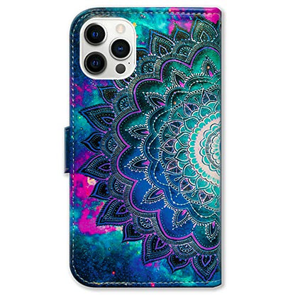 Bcov Case for iPhone 13 Pro, Mandala Flower Space Leather Flip Phone Case Wallet Cover with Card Slot Holder Kickstand for iPhone 13 Pro - color: Mandala Flower Space