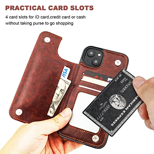ONETOP for iPhone 14 Plus Wallet Case with Credit Card Holder,Brown | Kickstand,ID/Cash Holder,Case Wallet with Card Slots,Double Magnetic Clasp,Durable PU Leather Shockproof Cover for Women Men - color: Brown