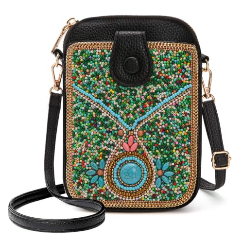 Women's Small Crossbody Cell Phone Bag, Boho Colorful Beaded Purse Wallet with Handmade Cute Patterns - color: Pattern 2