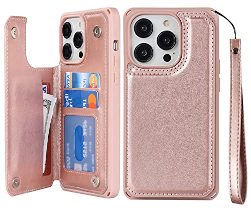 iCoverCase Compatible with iPhone 14 Pro Max Wallet Phone Case with Card Holder for Women, RFID Blocking Embossed PU Leather Wrist Strap Case 6.7 Inch (Macaron Rose Gold) - color: P-Rose Gold