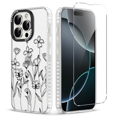 for iPhone 16 Pro Case Floral with Screen Protector,Protective Shockproof Slim Clear Floral Phone Cover?Cute Phone Case for Women Girl with Flower Pattern Design (Black line Flowers) - color: Black line flowers, size: iPhone 16 Pro