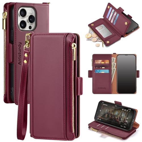 Antsturdy for iPhone 13 Pro Max Phone Wallet Case Women,Wine Red | RFID Blocking,with Credit Card Holder Slots,PU Leather Purse,Zipper Pocket,Wrist Strap Kickstand,Flip Folio Cover for Men - color: Wine Red