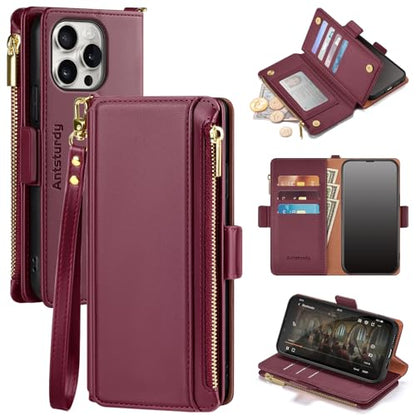 Antsturdy for iPhone 13 Pro Max Phone Wallet Case Women,Wine Red | RFID Blocking,with Credit Card Holder Slots,PU Leather Purse,Zipper Pocket,Wrist Strap Kickstand,Flip Folio Cover for Men - color: Wine Red