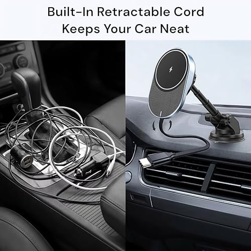 IJS Magnetic Wireless Car Charger with Built-in Retractable Cable – Extendable Windshield & Dashboard Phone Mount – 15W Magsafe Compatible – Fast Charging for iPhone 17/16/15/14/13/12, Samsung, Pixel