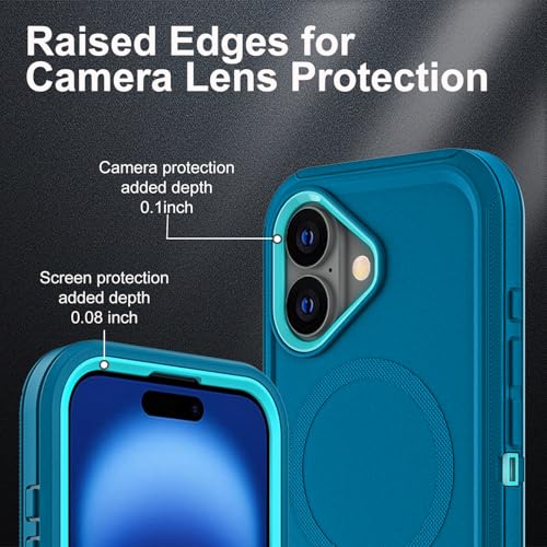 YKHJKLEC for iPhone 16 Case, Compatible with Magsafe, Military Grade 3 in 1 Heavy Duty Shockproof/Drop Proof/Dust Proof Case with 2Pcs Tempered Glass Screen Protector (New-Blue/Turquoise) - color: New-Blue/Turquoise