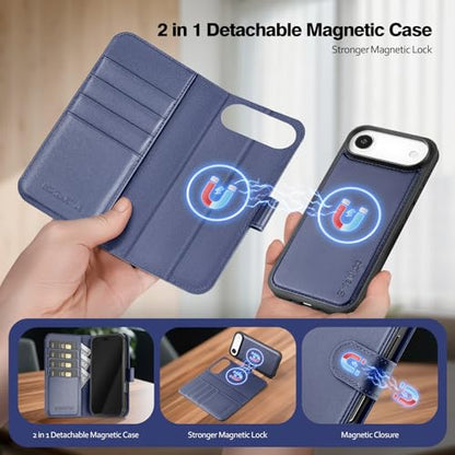 Magnetic 2 in 1 Detachable Compatible with Magsafe iPhone Air Genuine Wallet Case with Card Holder,Women Men Real Leather Flip RFID Blocking Credit Card Slots Stand Phone Cover,Dark Blue - color: Dark Blue, size: iPhone Air - 6.5"