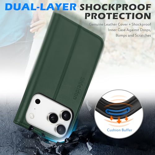 SHIELDON Genuine Leather Wallet Case for iPhone 17 Pro 6.3" 2025, Evergreen | RFID Blocking, Credit Card Holder, Magnetic Closure, Kickstand, Folio Design, Full Protection, Shockproof Phone Cover - color: Evergreen
