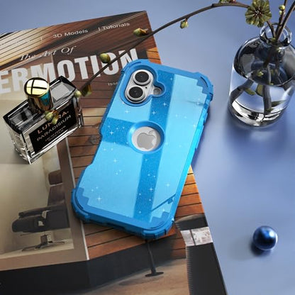 IDweel for iPhone 16 Case with Screen Protector for Women,Luxury 3 in 1 Shockproof Slim Fit Hybrid Heavy Duty Hard PC Cover Soft Silicone Bumper Full Body Anti-Fingerprint Case,Glitter Sky Blue - color: Glitter Sky Blue