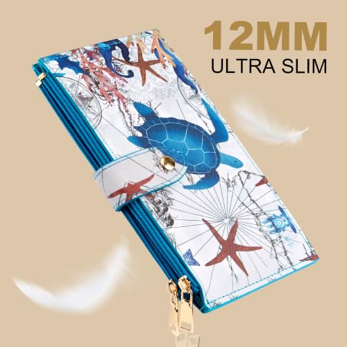 Travelambo RFID Wallet Women Large Size Bifold Multi Card Wallet Case with Zipper Pocke Credit Card Holder for Women - color: Blue Sea Turtle