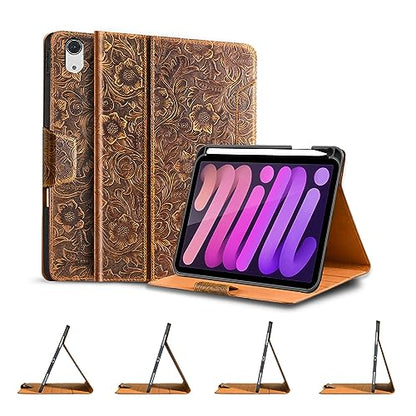 Gexmil Leather Case for iPad mini 7 A17 Pro/iPad mini 6 Gen 8.3 Inch - color: Brown+Buckle+Pencil Holder