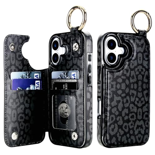 HAOPINSH Wallet Case for iPhone 17 with Card Holder, Black Leopard Cheetah Print Back Flip Folio PU Leather Kickstand Card Slots Case, Finger Grip Ring Double Magnetic Clasp Shockproof 6.3" - color: Black Leopard Grip Ring
