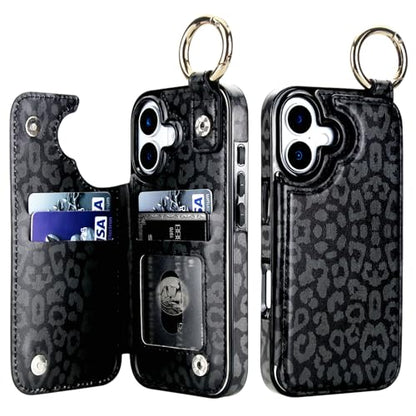 HAOPINSH Wallet Case for iPhone 17 with Card Holder, Black Leopard Cheetah Print Back Flip Folio PU Leather Kickstand Card Slots Case, Finger Grip Ring Double Magnetic Clasp Shockproof 6.3" - color: Black Leopard Grip Ring