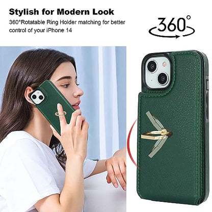 Folosu Compatible with iPhone 14 Case Wallet with Card Holder, 360°Rotation Finger Ring Holder Kickstand, RFID Blocking Leather Protective Double Buttons Shockproof Cover 6.1 Inch Dark Green - color: Dark Green, size: iPhone 14