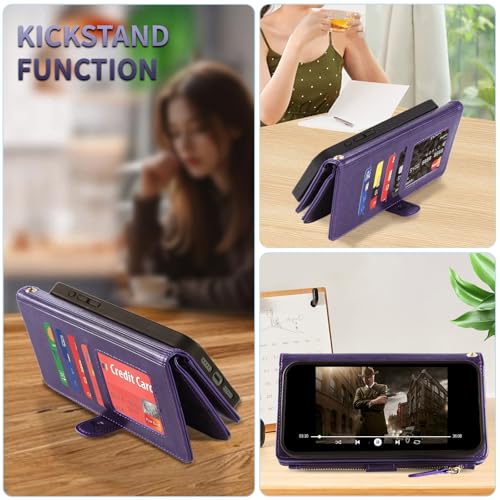 for iPhone 16e/17e Case Wallet,Compatible with MagSafe Magnetic 2 in 1 Magnetic Detachable PU Leather RFID Blocking Wallet Cover Card Holder Zipper Wrist Strap Lanyard,Floral Purple - color: Purple