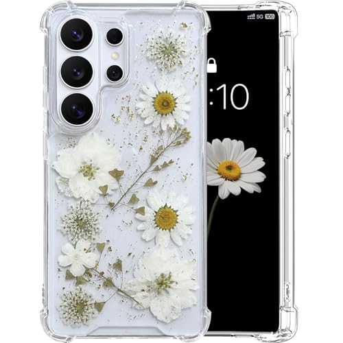 [Real Dried Flower]for Samsung Galaxy S26 Ultra Case Clear Glitter Dried Pressed Flower Case for Galaxy S26 Ultra Cute Soft Silicone TPU Bling Sparkle Women Girls Floral Cover(Daisy & Hibiscus) - color: White Flower, size: for Galaxy S26 Ultra
