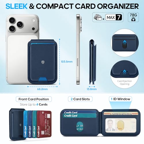 SHIELDON Genuine Leather Magnetic Wallet Stand for MagSafe, Navy Blue | Strong Magnetic, 6 Card Holders, Kickstand, Rfid Blocking, Quick-access, ID Window, for iPhone 17/16/15/14/13/12 Series - color: Navy Blue