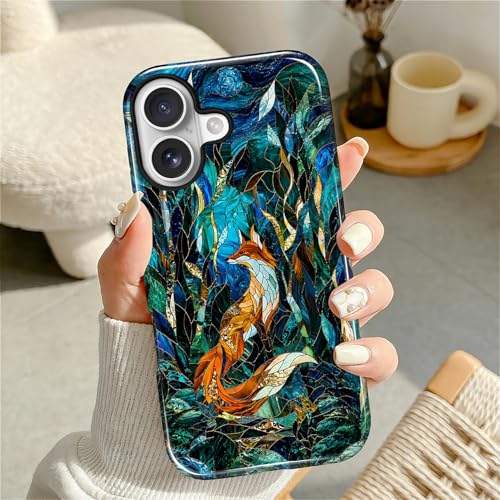 Case Compatible with iPhone 17, Cute Dual Layer Hybrid Phone Cover, Military Grade Drop Protection, Aesthetic Shockproof Phone Case for Women Girls, Woodland Fox Stained Glass - color: Woodland Fox Stained Glass, size: Iphone 17