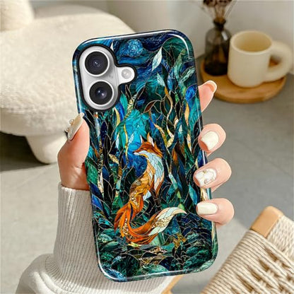 Case Compatible with iPhone 17, Cute Dual Layer Hybrid Phone Cover, Military Grade Drop Protection, Aesthetic Shockproof Phone Case for Women Girls, Woodland Fox Stained Glass - color: Woodland Fox Stained Glass, size: Iphone 17