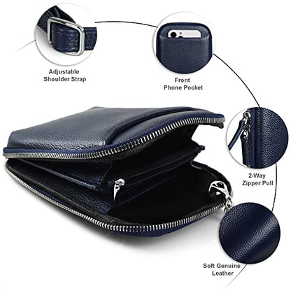 befen Genuine Leather Crossbody Cell Phone Purse for Women, Small Zip Around RFID Blocking Crossbody Wallet Bags - color: Navy Blue