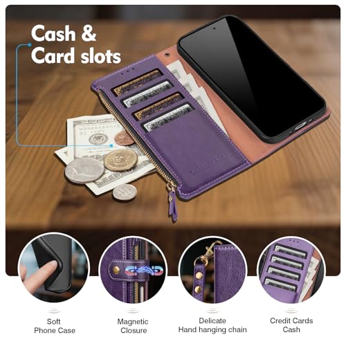 Compatible with iPhone 13 Pro Max Wallet Case with Card Holder RFID Blocking Zipper PU Leather Flip Phone Case with Wrist Strap Credit Card Slots Men Women,for Apple 13 Pro Max,Dark Purple - color: Dark Purple, size: iPhone 13 Pro Max - 6.7