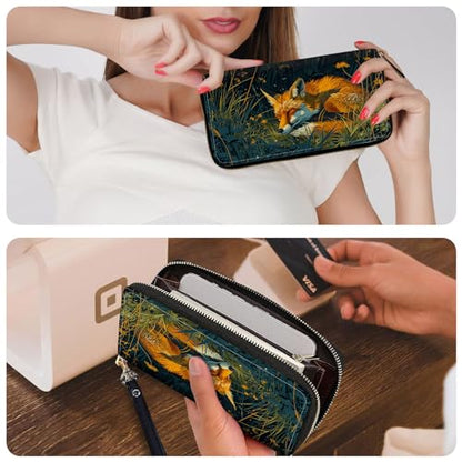 Ladies Wallet,Clutch Purses for Women Wallets Leather Credit Card Holder for Women Wristlet Slim Small Cute with Zipper,Thin RFID Blocking with Wrist Strap,Grass Fox - color: Grass Fox