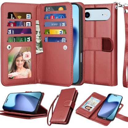 NJJEX Wallet Case Compatible with iPhone 17 Air 6.5" 2025, [9 Card Slots] PU Leather ID Credit Holder Folio Flip [Detachable] Kickstand Magnetic Phone Cover & Lanyard for iPhone Air [Wine Red] | PU leather folio flip, detachable magnetic phone cover, inte