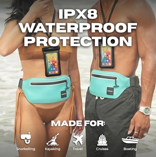 DRENCH Waterproof Waist Pack Bundle – Blue + Yellow, 2 Waterproof Fanny Packs + 2 Floating Phone Pouches, IPX8 Waterproof Dry Bags for Lake, Beach, Boating & Travel