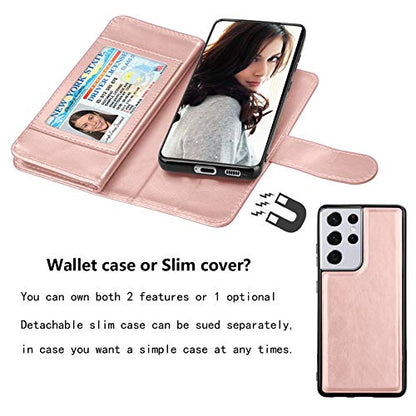 Njjex Wallet Case for Samsung Galaxy S21 5G, For Galaxy S21 Case, [9 Card Slots] PU Leather ID Credit Holder Folio Flip [Detachable] Kickstand Magnetic Phone Cover & Lanyard for Samsung S21 [RoseGold] - color: Rose Gold