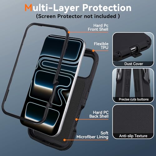 for iPhone 17 Pro Case with Belt Clip Holster, Black | Military Grade Drop Protective, 4 in 1 Heavy Duty Shock-Absorbing Rugged Case for iPhone 17 Pro 6.3" - color: Black