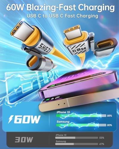 4 in 1 USB C Cable 60W5FT Compatible with Lightning Cablefor iPhone - color: Yellow, style: 60W