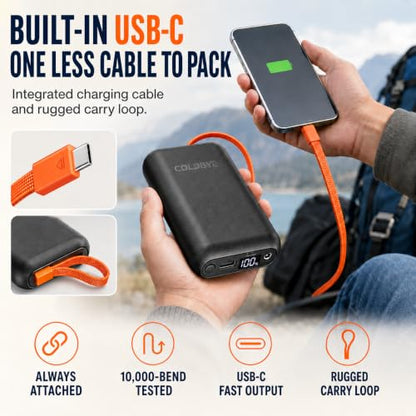 ColdBye 𝟐𝟎𝟎𝟎𝟎𝐦𝐀𝐡 Upgraded Rechargeable Power Bank with Built-in USB-C Cable for Heated Vests, Jackets, LED Strip, Breast Pump, Heated Camping Chair