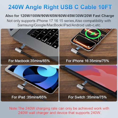 USB C Cable 10FT 240W Right Angle C to C Fast Charging Cable,Black - color: Black, size: 10 Feet