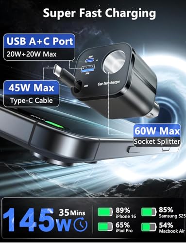 4 in 1 Retractable Car Charger, 145W USB C Cigarette Lighter Adapter