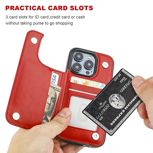 ONETOP for iPhone 15 Pro Wallet Case with Credit Card Holder,Red | Kickstand,ID/Cash Holder,Case Wallet with Card Slots,Double Magnetic Clasp,Durable PU Leather Shockproof Cover for Women Men - color: Red