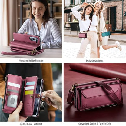 Strapurs Crossbody Wallet Case Compatible with Samsung Galaxy Z Fold 5 with RFID Blocking Card Holder & Pen Holder Slot Soft PU Leather Shoulder Strap Zipper Pocket Purse Fold 5 Phone Case, Wine Red | RFID Blocking 5-Card Holder, Shoulder Lanyard, Wirst S