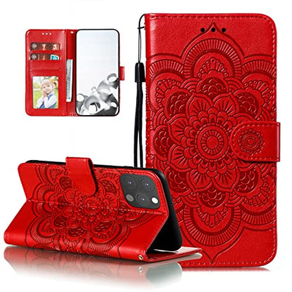 EYZUTAK Case for iPhone 13 Pro Max, Premium PU Leather Magnetic Flip Wallet Case with Card Holder Cash Slot Lanyard Strap Kickstand Function Embossed Mandala Flower Pattern Shockproof Cover - Red - color: Red, size: iPhone 13 Pro Max