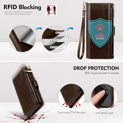 Antsturdy for iPhone 13 Pro Max Phone Wallet Case Women,Coffee | RFID Blocking,with Credit Card Holder Slots,PU Leather Purse,Zipper Pocket,Wrist Strap Kickstand,Flip Folio Cover for Men - color: A-Coffee