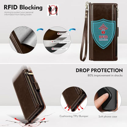 Antsturdy for iPhone 13 Pro Max Phone Wallet Case Women,Coffee | RFID Blocking,with Credit Card Holder Slots,PU Leather Purse,Zipper Pocket,Wrist Strap Kickstand,Flip Folio Cover for Men - color: A-Coffee