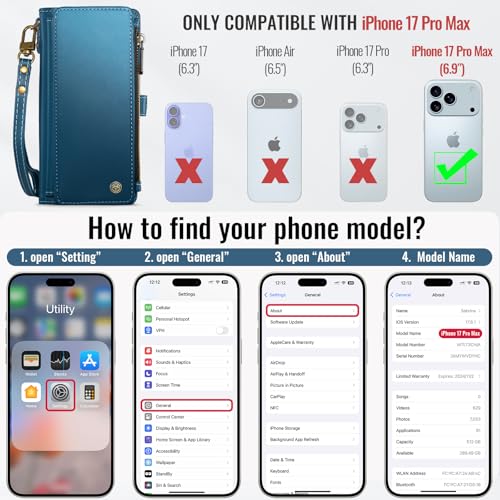 Defencase for iPhone 17 Pro Max Wallet Case with RFID Card Holder, Blue | Durable Soft PU Leather, with Zipper Pocket, Wrist Strap, Fashion Snap Flip Phone Cases Cover with Stand for Women and Men - color: Dark Blue