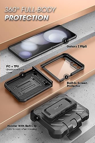 SUPCASE for Samsung Galaxy Z Flip5 5G Case with Kicktand, Black | Detachable Belt-Clip, Hinge Protection, Front Screen Protector, Full Body Military-Grade Phone Cover, Unicorn Beetle Pro