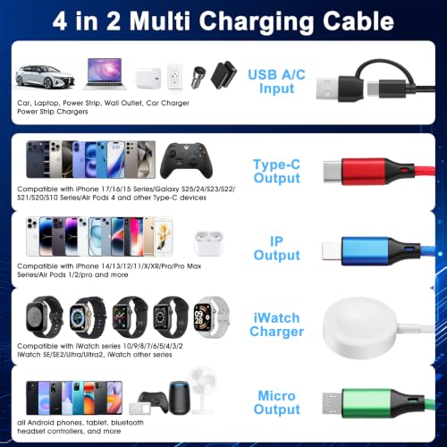 Multi Charging Cable for Apple Watch Charger 4 in 2 Travel Essentials - color: Black