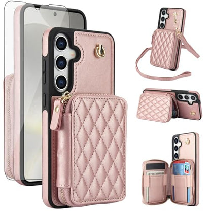 Phone Case for Samsung Galaxy S25 5G Wallet Cell Cover with Tempered Glass Screen Protector Wrist Crossbody Strap Stand RFID Blocking Credit Card Holder S 25 25S 25 25S SM-S931U Women Girls Rose Gold - color: Rose Gold