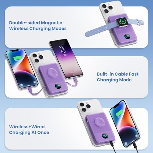 Ekrist Magnetic Portable Charger 10800mAh for MagSafe with Built-in Cable,iWatch Charger,Wireless Power Bank Travel Essentials,25W Fast Charging Battery Pack for iPhone 17/16/15/14,Apple Watch(Purple) - color: Purple