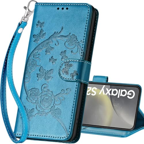 for Samsung Galaxy S25 Wallet case, Blue-Flower | 3 Card Holders, Kickstand, Shockproof TPU Shell, PU Leather, Magnetic Closure, Protective Flip Folio Cover, Women - color: 7