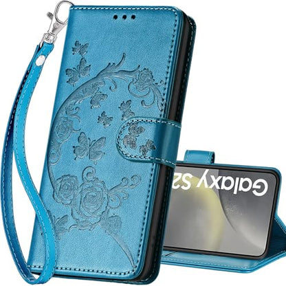 for Samsung Galaxy S25 Wallet case, Blue-Flower | 3 Card Holders, Kickstand, Shockproof TPU Shell, PU Leather, Magnetic Closure, Protective Flip Folio Cover, Women - color: 7