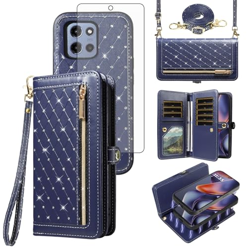 Phone Case for Motorola Moto G 5G 2025 Zipper Wallet Detachable Magnetic Cell Cover with Crossbody Lanyard Strap Bling Glitter Flip Credit Card Holder Slots G5G 5 G G5 Women Men Girls Dark Blue - color: Dark Blue